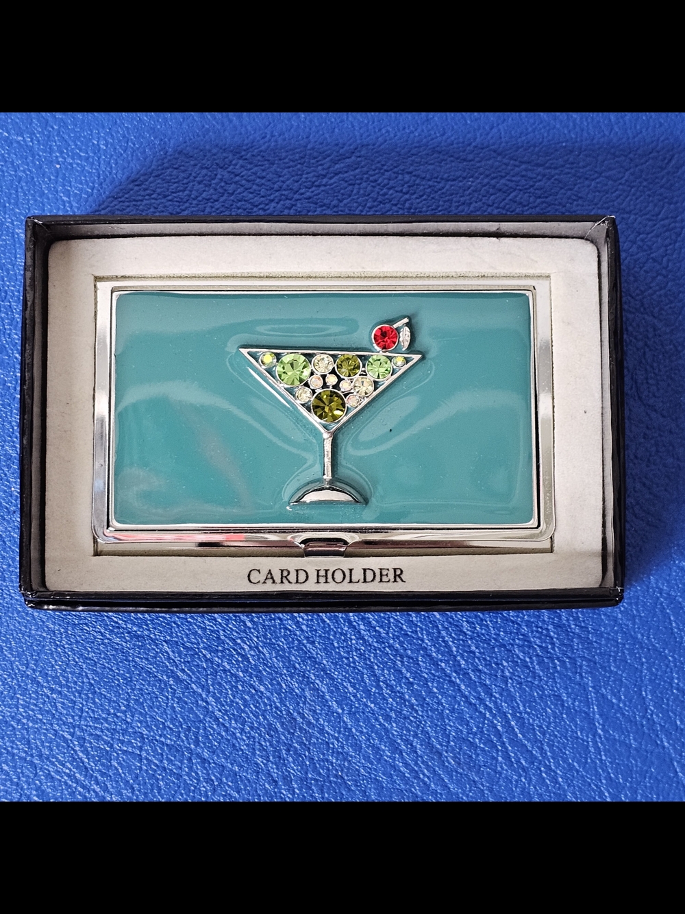 Martini Glass Pink Crystal Bling Silver Tone Card Case